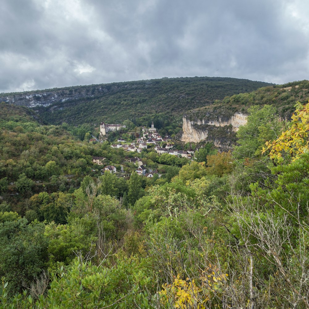 a scenic view of a town nestled in the mountains