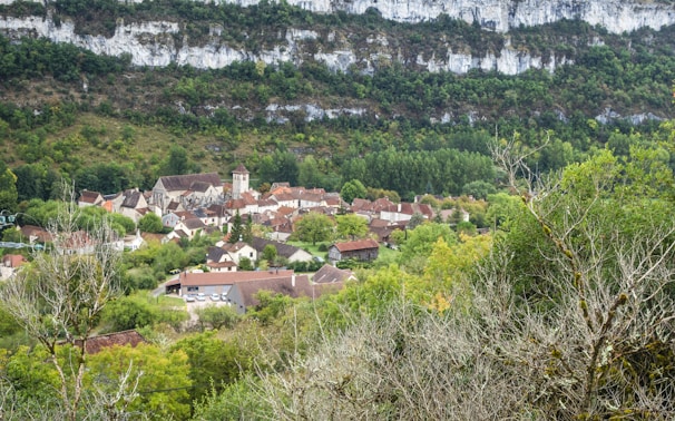 A quaint village nestled in a valley, surrounded by lush greenery and a backdrop of rocky cliffs. The village consists of rustic houses with brown and red rooftops, clustered around a tall, central building that appears to be a church. Vibrant green trees and fields dominate the landscape, creating a serene and peaceful atmosphere.