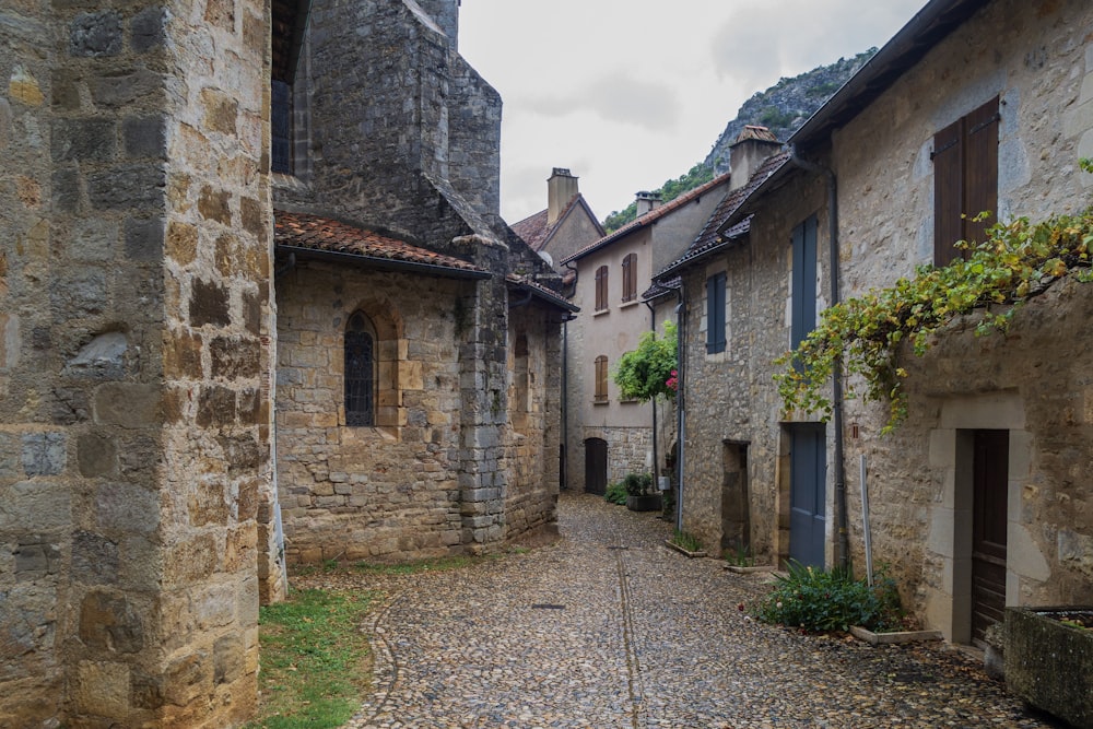 Una calle empedrada en un pequeño pueblo