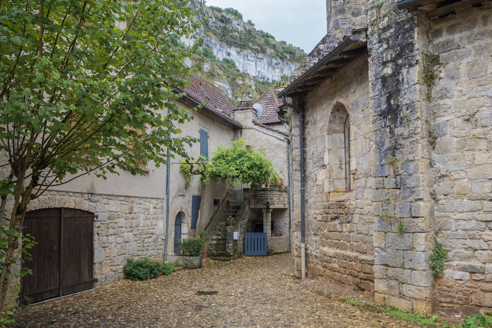 a cobblestone street in a small village