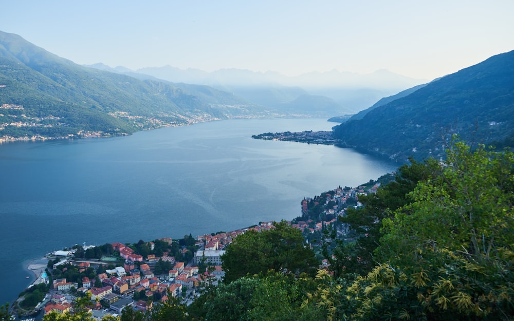 a scenic view of a lake surrounded by mountains