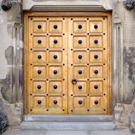 A large wooden door with intricate carvings and black metal studs arranged in a grid pattern. The door is surrounded by a stone frame with ornate details and textures. The wood has a warm, golden tone and the stone features weathered and varied shades of gray.
