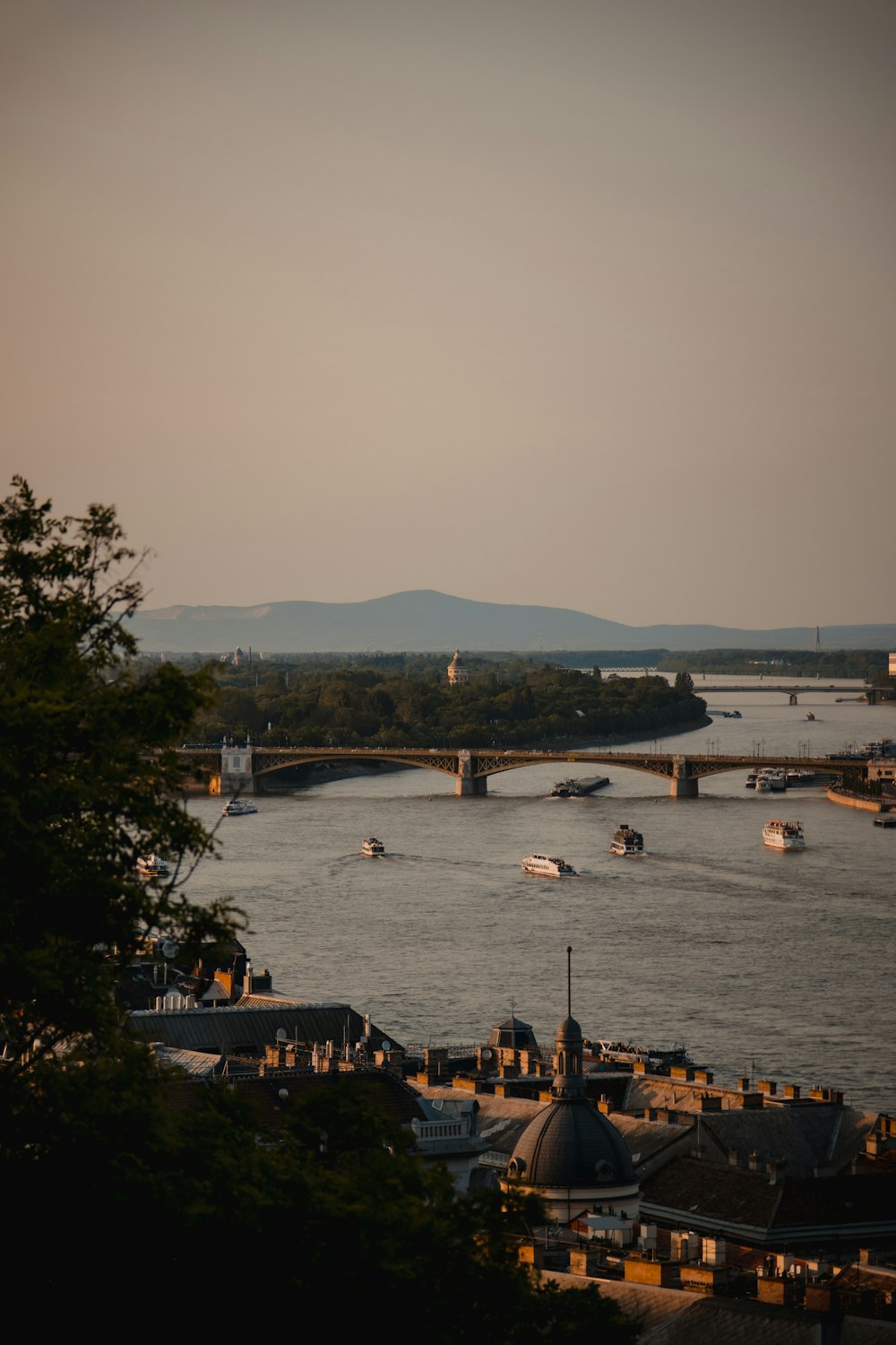 a view of a river with a bridge in the background