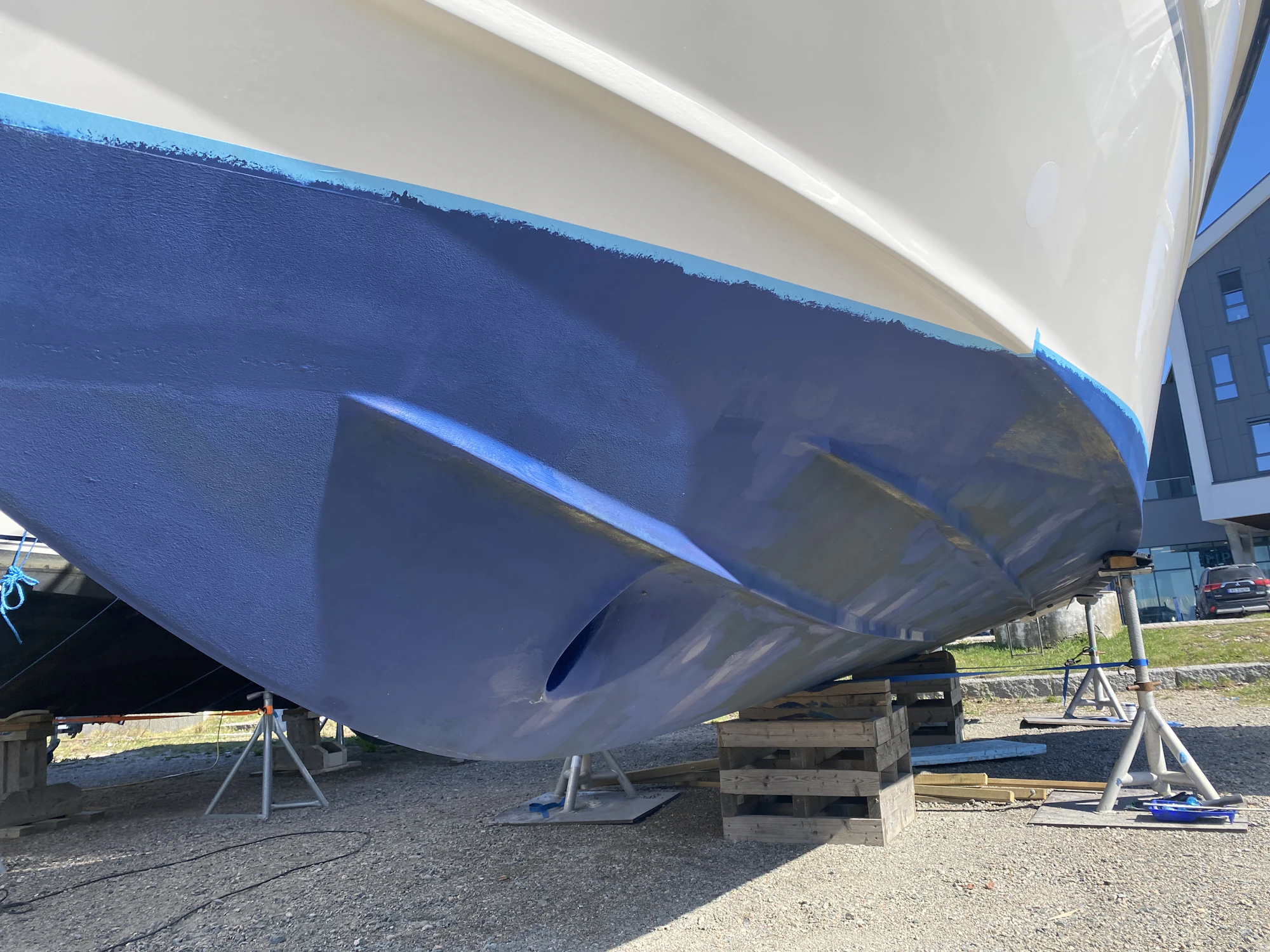 Hull with antifouling paint at the boatyard