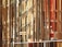 Numerous vertical metal rods, likely steel rebar, positioned closely together. Intermixed with these rods are bamboo poles, lashed together, perhaps for scaffolding or a construction project. The scene appears dense and intricate, with the warm, rust-like tones of the metal contrasting against the paler bamboo.