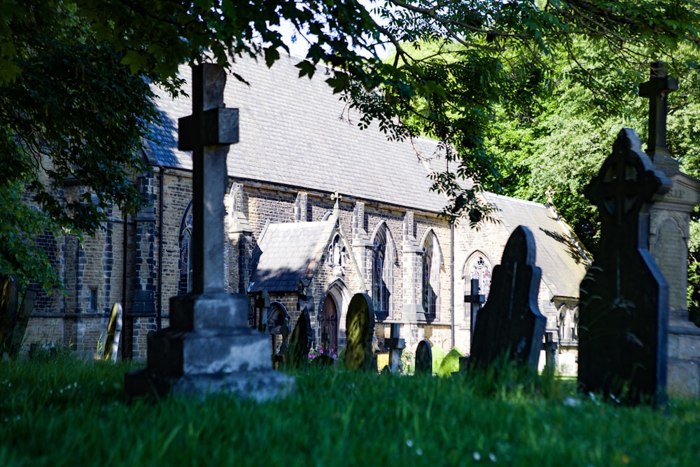 a cemetery with a church in the background