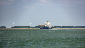 A large cargo ship is sailing on a calm body of water. In the background, there are wind turbines on a stretch of land, indicating a focus on renewable energy. The sky is partly cloudy, and there is a forested area visible along the coast.