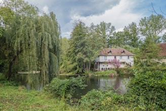 a house sitting next to a lake surrounded by trees