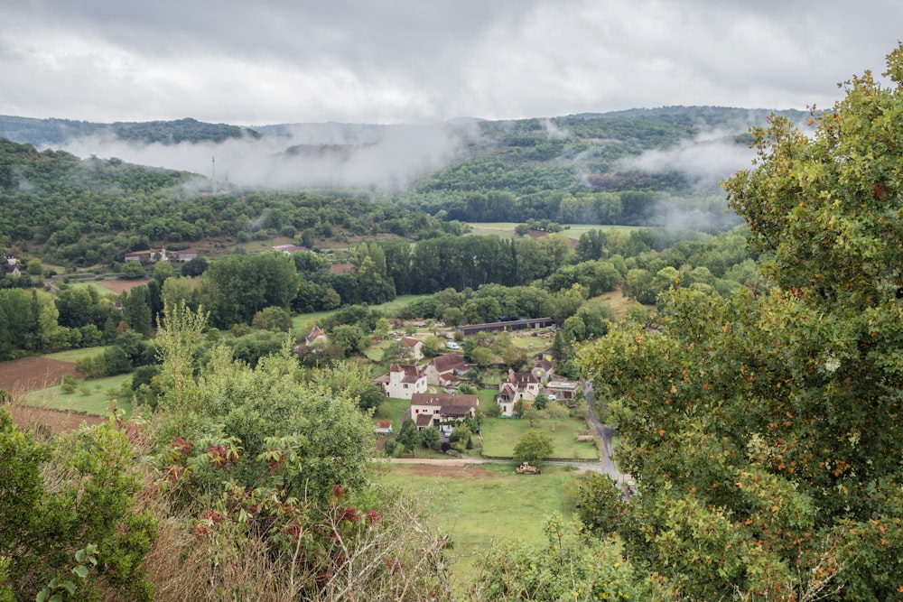 a scenic view of a small village surrounded by trees