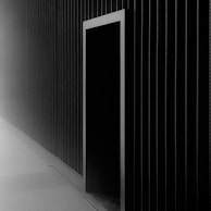 A minimalist and modern architectural scene featuring a flat surface with vertical lines forming a grid pattern. This structured composition is primarily black, with a tall rectangular doorway offset slightly to the right.