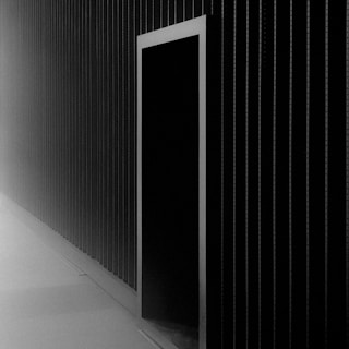 A minimalist and modern architectural scene featuring a flat surface with vertical lines forming a grid pattern. This structured composition is primarily black, with a tall rectangular doorway offset slightly to the right.