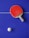 A red table tennis paddle is placed on a blue table tennis table with a white ball nearby. The table has a white line dividing it.