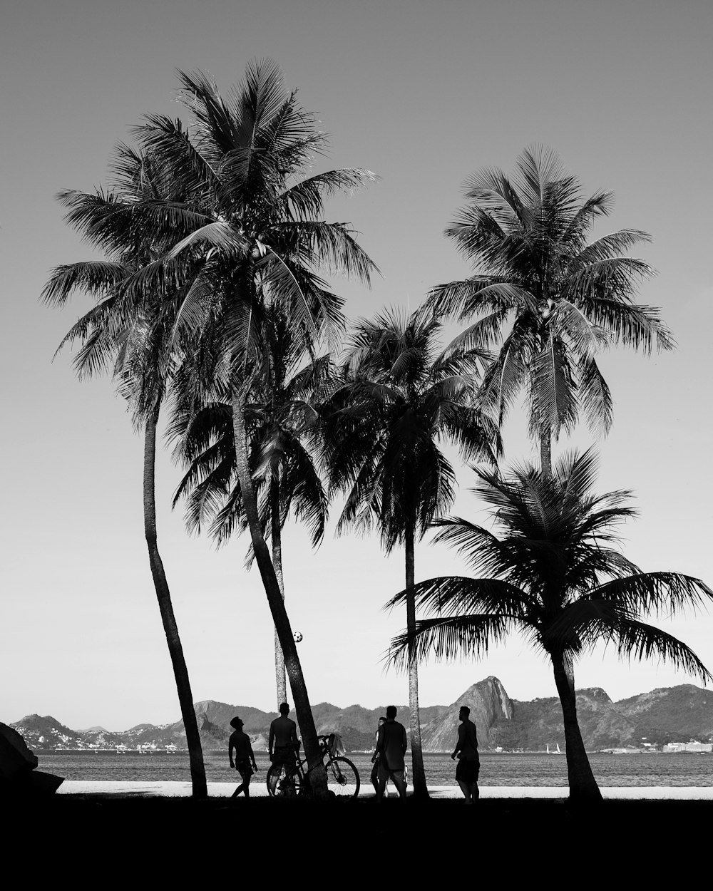 a black and white photo of people walking on a beach