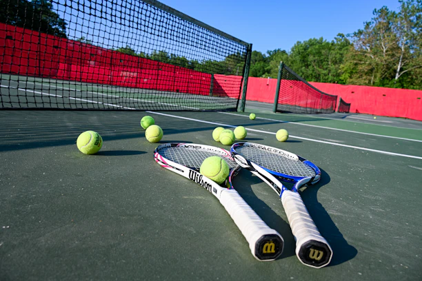 A vibrant tennis court with players mid-game under clear skies.