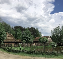 A rural landscape featuring traditional thatched-roof cottages surrounded by lush green trees. A rustic wooden fence encloses the area, with a small pond reflecting the cloudy sky above. The scene has a peaceful, countryside vibe.