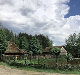 A rural landscape featuring traditional thatched-roof cottages surrounded by lush green trees. A rustic wooden fence encloses the area, with a small pond reflecting the cloudy sky above. The scene has a peaceful, countryside vibe.