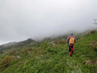 Hiker wearing a hypershell exoskeleton walking through a lush green valley.