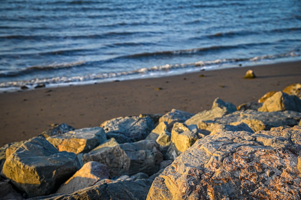 Una playa con rocas y un cuerpo de agua al fondo