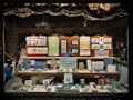 A display window showcasing an assortment of paper products and stationery, including notebooks, postcards, framed art prints, and decorative paper. The items are organized on several shelves, with an emphasis on blue and green tones, and feature intricate designs and patterns that suggest a focus on fine craftsmanship and artistic detail.
