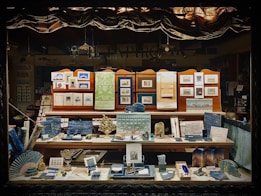 A display window showcasing an assortment of paper products and stationery, including notebooks, postcards, framed art prints, and decorative paper. The items are organized on several shelves, with an emphasis on blue and green tones, and feature intricate designs and patterns that suggest a focus on fine craftsmanship and artistic detail.