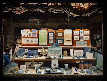 A display window showcasing an assortment of paper products and stationery, including notebooks, postcards, framed art prints, and decorative paper. The items are organized on several shelves, with an emphasis on blue and green tones, and feature intricate designs and patterns that suggest a focus on fine craftsmanship and artistic detail.