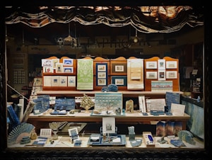 A display window showcasing an assortment of paper products and stationery, including notebooks, postcards, framed art prints, and decorative paper. The items are organized on several shelves, with an emphasis on blue and green tones, and feature intricate designs and patterns that suggest a focus on fine craftsmanship and artistic detail.