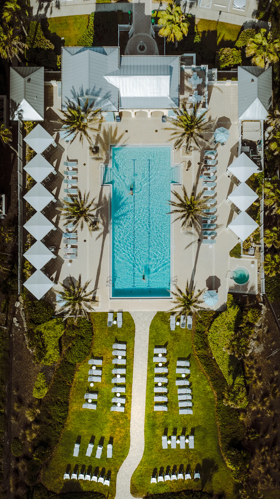 Aerial view of a resort pool surrounded by palm trees, resort for sale Langkawi Malaysia