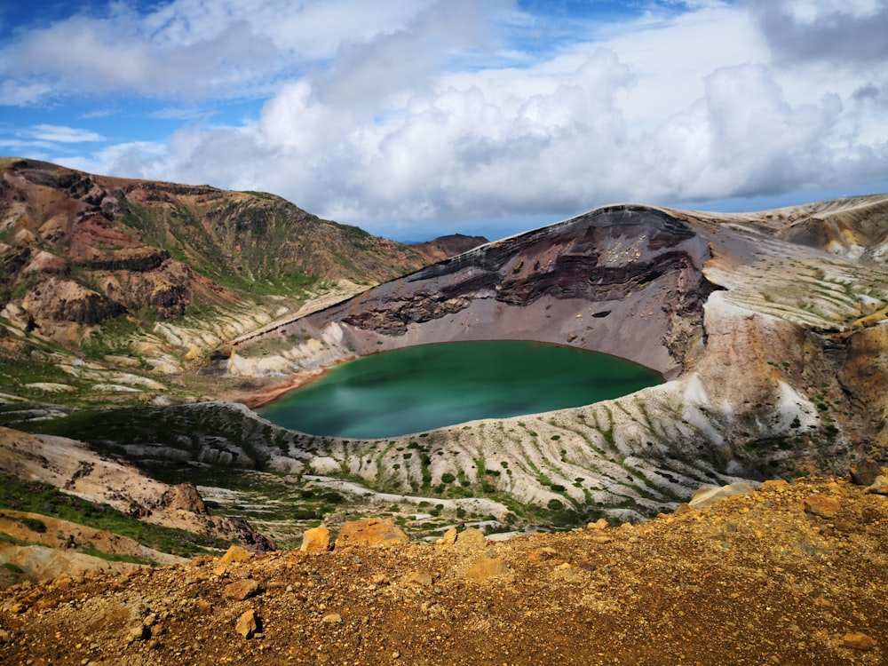 a green lake surrounded by mountains under a cloudy sky