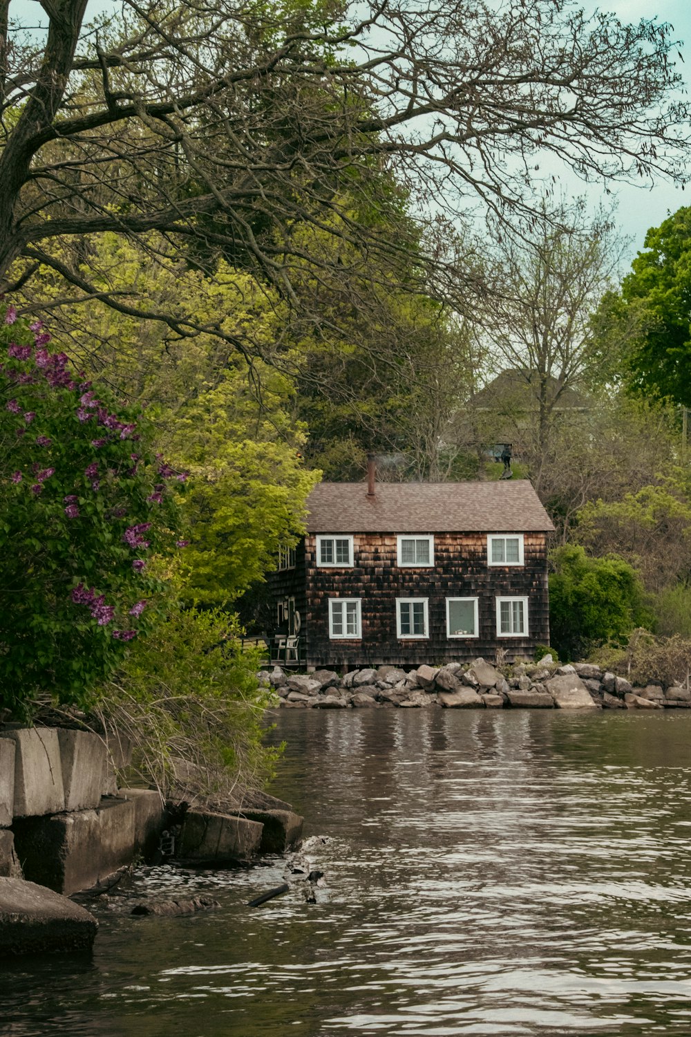 a house sitting on top of a river next to a lush green forest