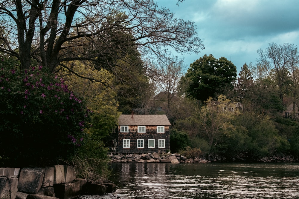 a house sitting on top of a lake next to a forest