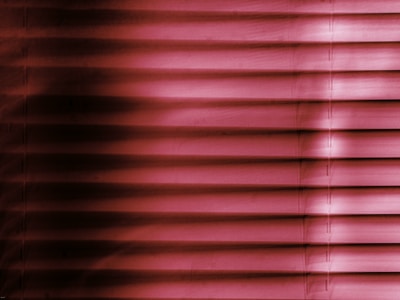 Horizontal blinds with a pink and magenta hue cover the entire frame, creating a pattern of alternating light and shadow.
