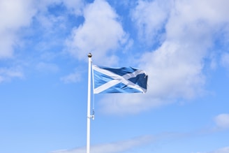 a blue and white flag flying in the wind