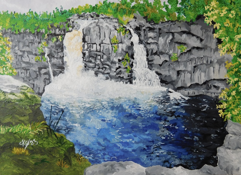 Ein Gemälde eines Wasserfalls im Wald