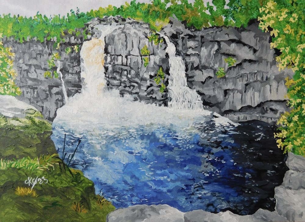 a painting of a waterfall in the woods