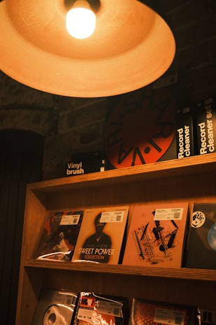 A warmly lit, cozy setting featuring a wooden shelf displaying several vinyl record albums and related accessories. The top shelf holds a vinyl brush and record cleaner sets. An overhead lamp casts a warm, soft light over the scene, and a large brick wall is partially visible in the background.