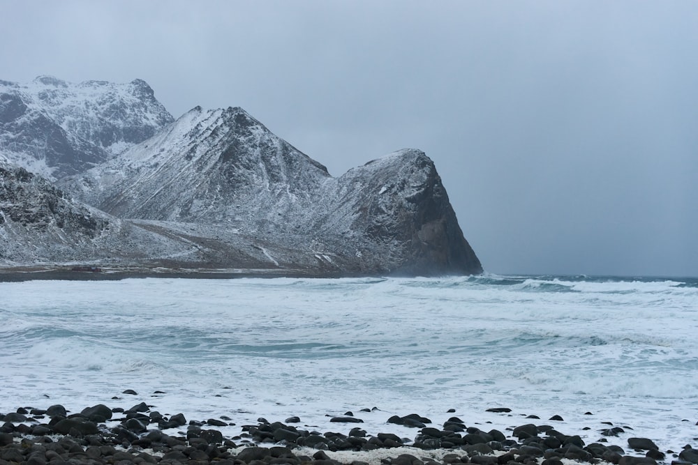 a snowy mountain with a body of water in front of it