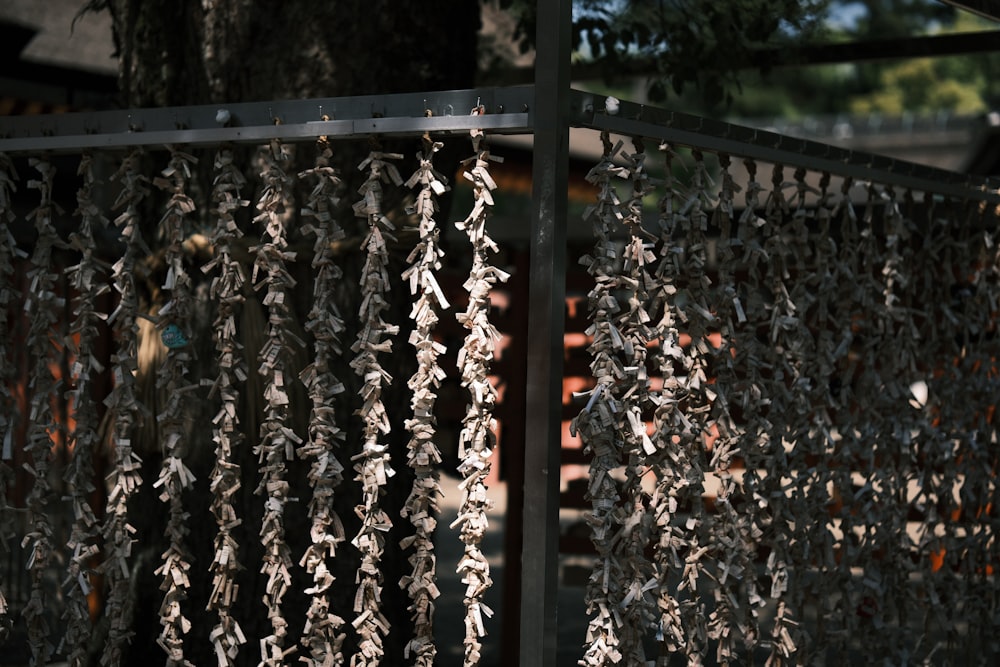 a metal gate covered in lots of small leaves