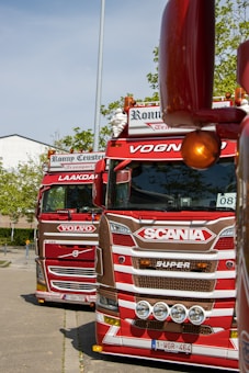 Two large trucks are parked in line on a road. The first truck displays the brand 'Scania' with multiple headlights and a decorative design. The second truck shows the brand 'Volvo' and has a similar decorative style. There are trees and a building in the background suggesting an outdoor setting.