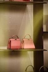 two pink bags are on a shelf in a store