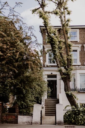 A three-story brick house with white window frames and decorative moldings. The entrance features a set of dark wooden doors accessed by a short flight of stone steps. There are lush trees and greenery around the property, with a large tree in the front yard leaning slightly towards the house.