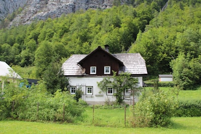 Elegant bungalow nestled among vibrant greenery with mountain backdrop.