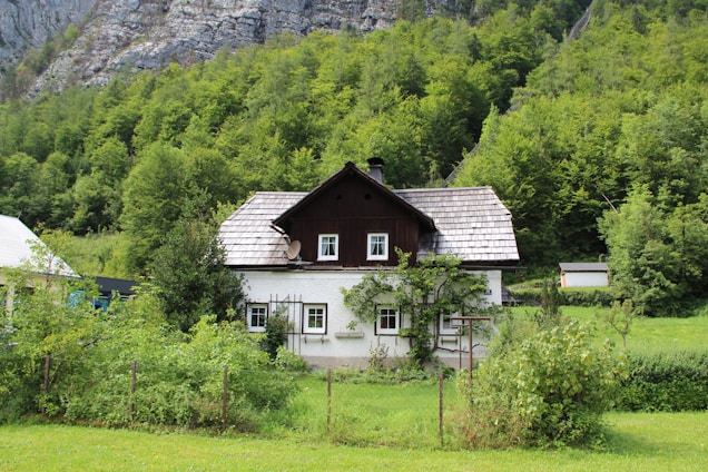 A quaint, rustic house with a sloped roof is nestled amidst lush greenery. The house is surrounded by a well-maintained garden with a variety of plants and shrubs. The background features a dense forest at the base of a rocky hillside, creating a serene and picturesque setting.