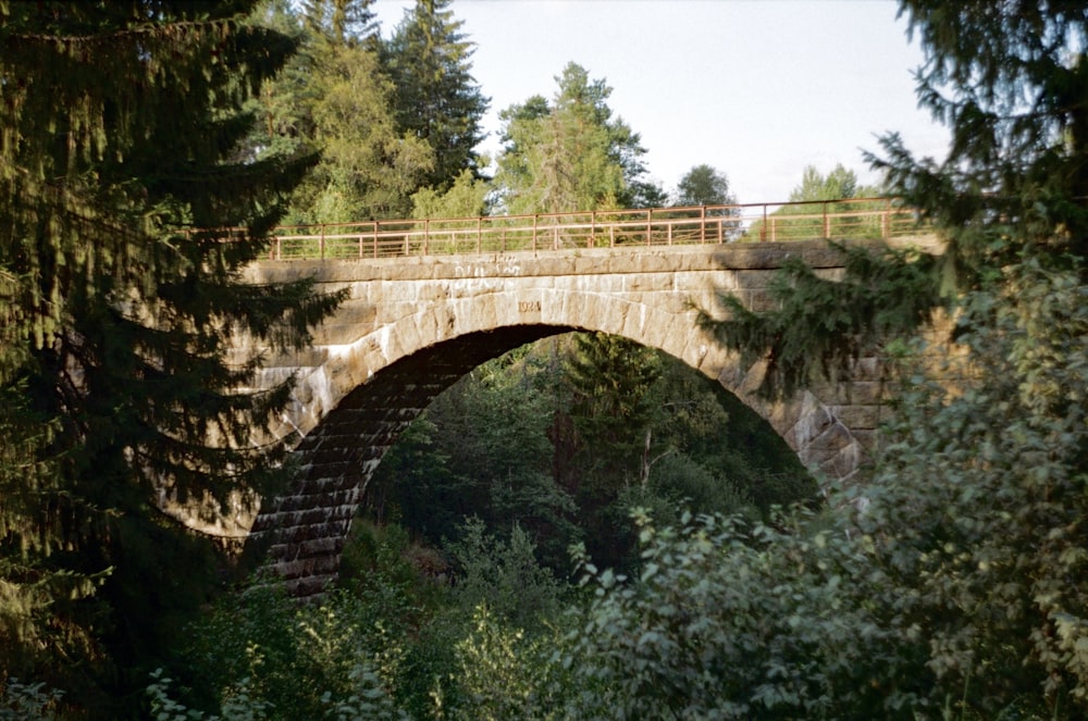 a stone bridge over a river surrounded by trees