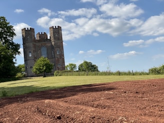 View from the cafe window showcasing the lush green grounds of nearby Tattershall Castle under a blue sky.