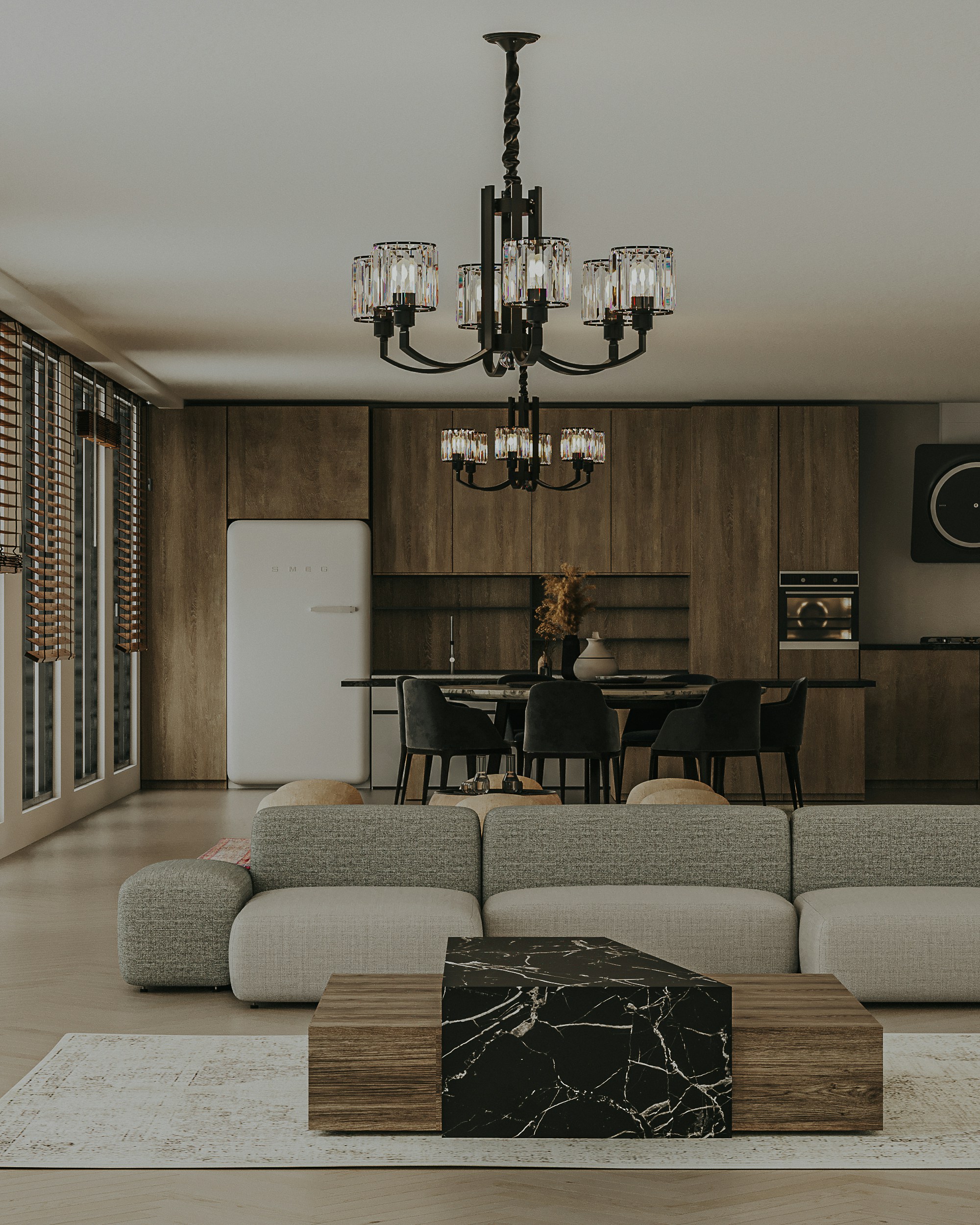 a living room filled with furniture and a chandelier