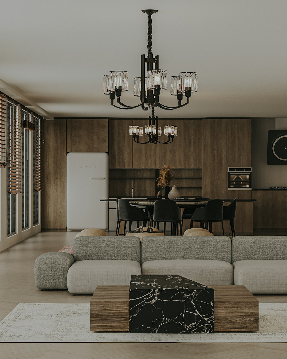 a living room filled with furniture and a chandelier