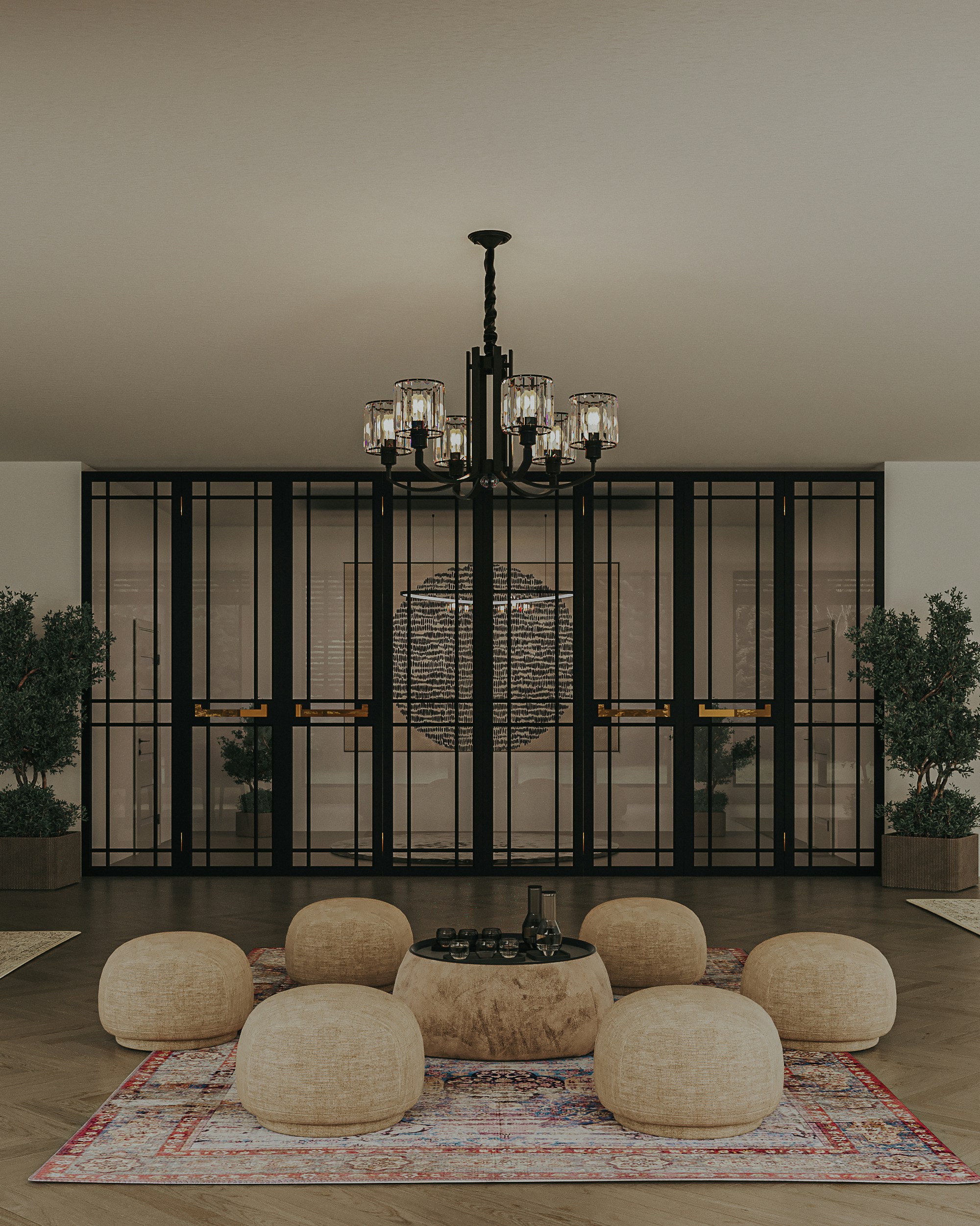a living room with a chandelier and a rug