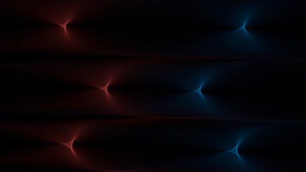 A digital artwork featuring symmetrical, glowing patterns resembling starbursts. The left side displays red hues while the right side shifts to blue, set against a dark background.