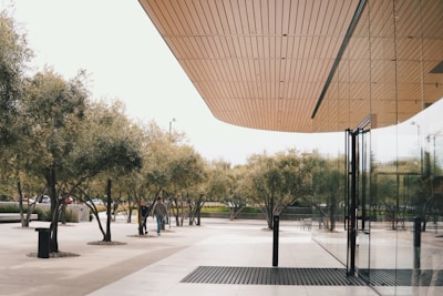 A modern architectural scene featuring a large glass building with a wooden ceiling overhang. The exterior reflects a row of neatly arranged trees lining a spacious concrete walkway. A couple of people are seen walking near the entrance, adding a sense of movement to the tranquil setting.