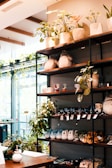 A cozy and inviting store interior featuring a shelving unit filled with cute plush toys and diverse potted plants. The upper shelves display soft toys resembling animals and mythical creatures, while the lower shelves hold an array of small plush items with different designs and colors. The plants add a touch of greenery and complement the natural light streaming through large windows. The overall ambiance suggests a blend of nature and playful charm.
